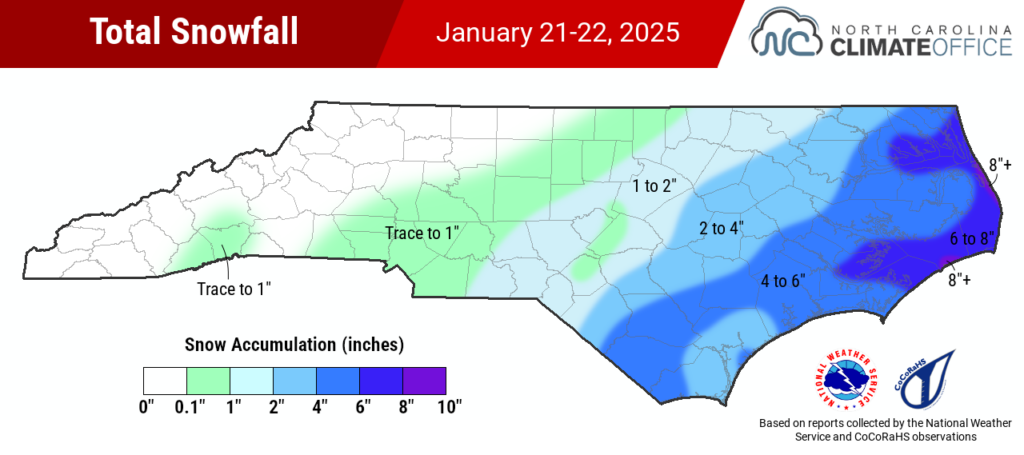 A map of total snowfall across North Carolina on January 21-22, 2025