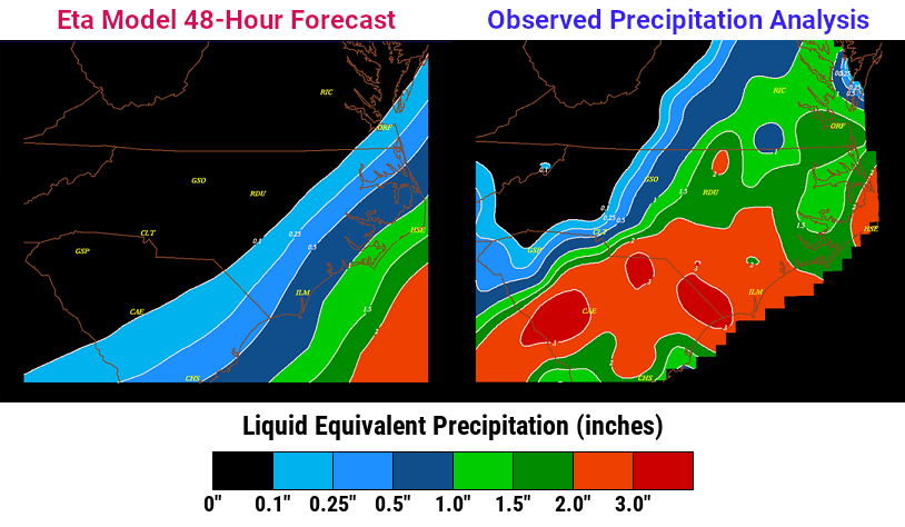 Two images showing forecasted precipitation and observed precipitation during the January 2000 snowstorm