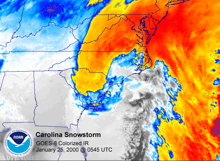 A satellite image of the January 2000 snowstorm over the Carolinas