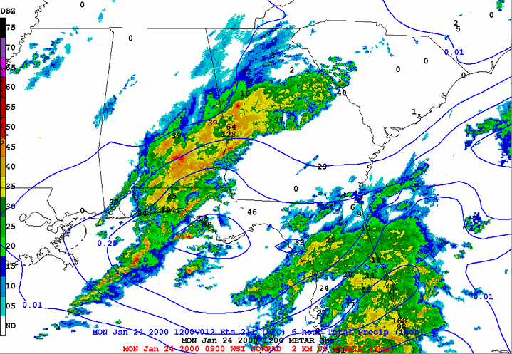 A radar image showing thunderstorms over the Deep South on January 24, 2000