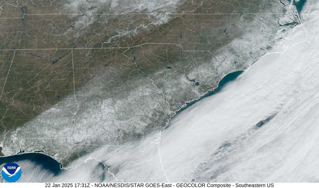 A satellite image showing snow on the ground across the Southeastern Coastal Plain on January 22