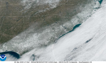 A satellite image showing snow on the ground across the Southeastern Coastal Plain on January 22