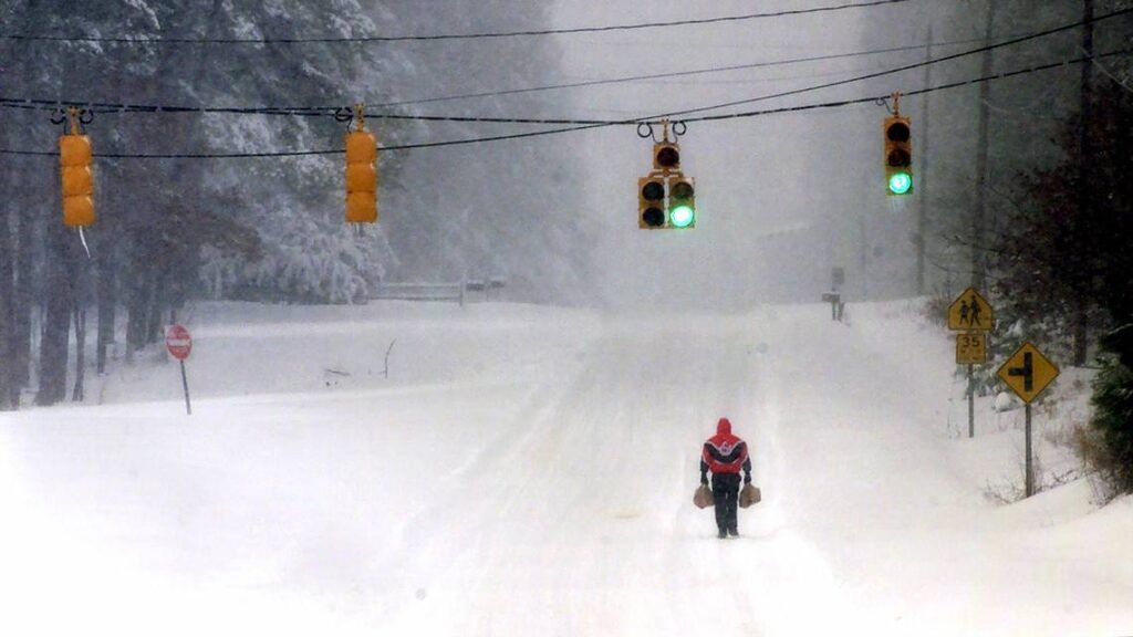 A photo of a person holding grocery bags while walking down a snowy road in Raleigh