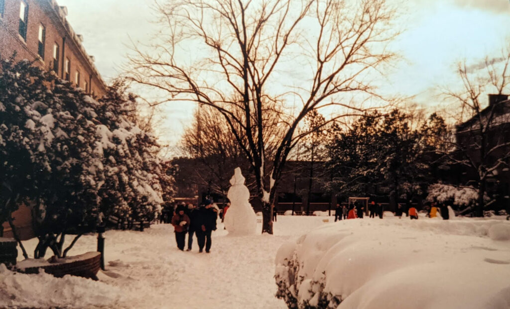 A photo of a snowman on NC State's campus after the January 2000 storm