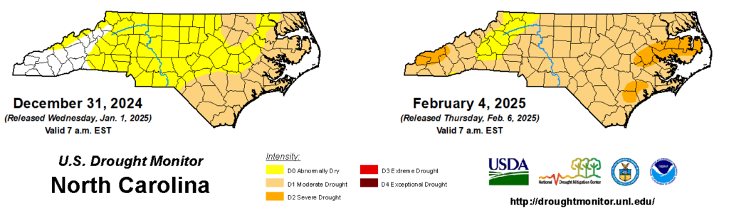 A comparison of drought maps from December 31, 2024, and February 4, 2025, in North Carolina