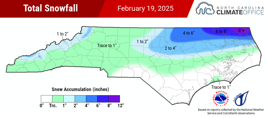 A map of total snowfall across North Carolina on February 19, 2025