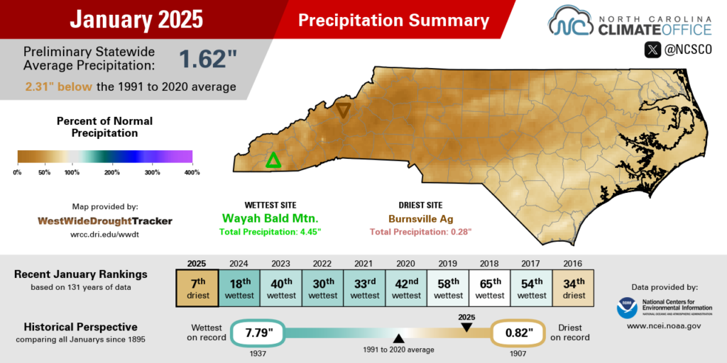 The January 2025 precipitation summary infographic, highlighting the monthly average temperature, departure from normal, and comparison to historical and recent years