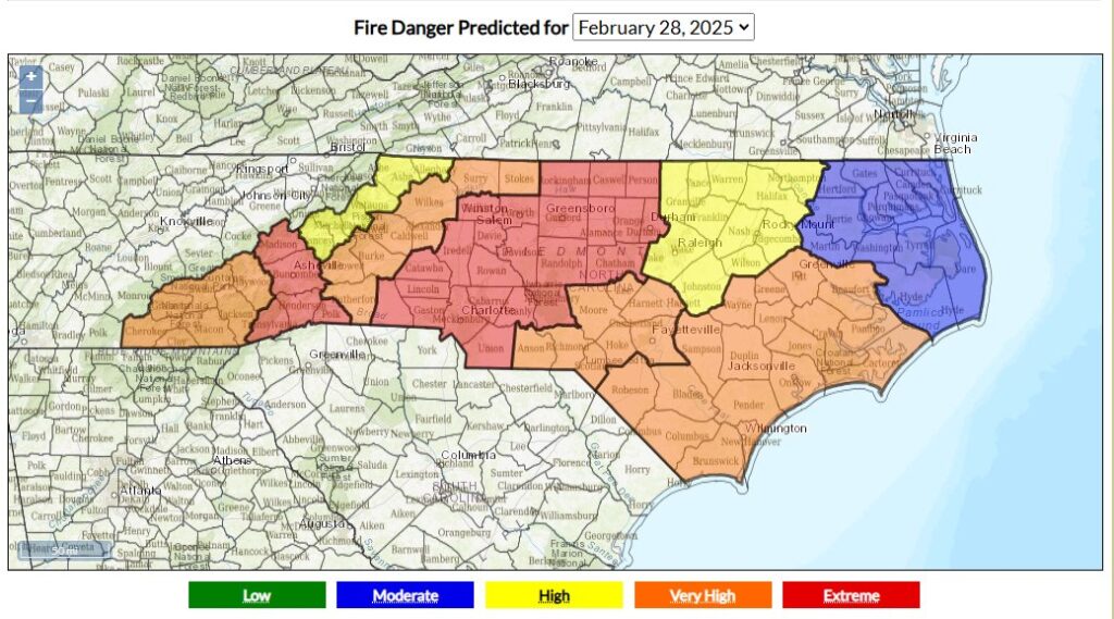 A map of forecasted fire danger in North Carolina on February 28, 2025