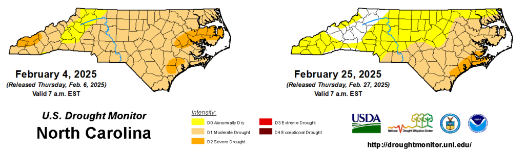 A comparison of drought maps from February 4 and February 25, 2025, in North Carolina