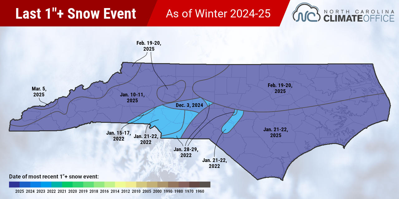 A map of the last snow events totaling at least 1 inch across North Carolina, as of mid-March 2025