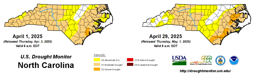 A comparison of drought maps from April 1 and 29, 2025, in North Carolina