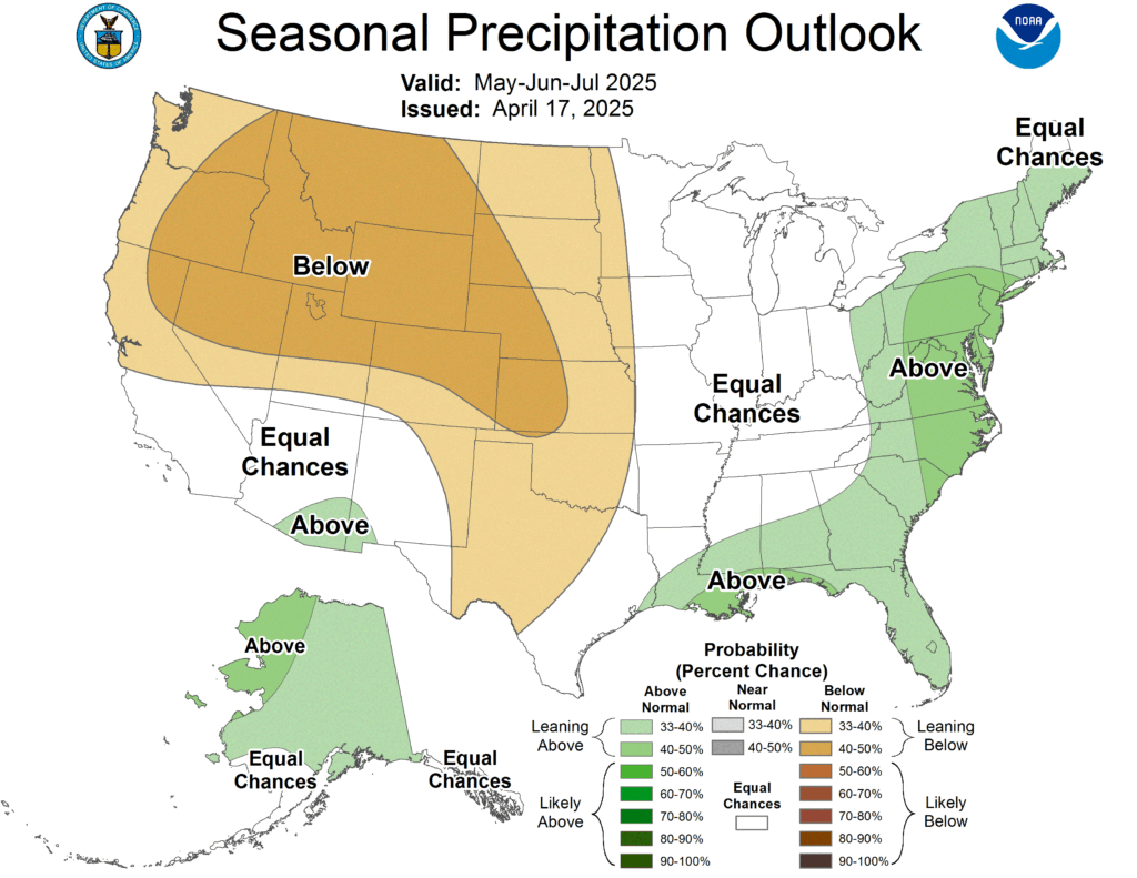 A map showing the Climate Prediction Center's seasonal precipitation outlook for May, June, and July 2025