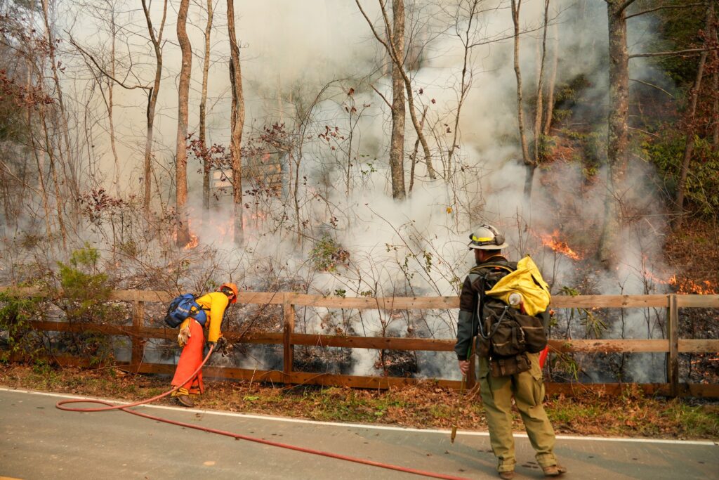 A photo of firefighters responding to the Buck Creek wildfire in McDowell County in December 2024