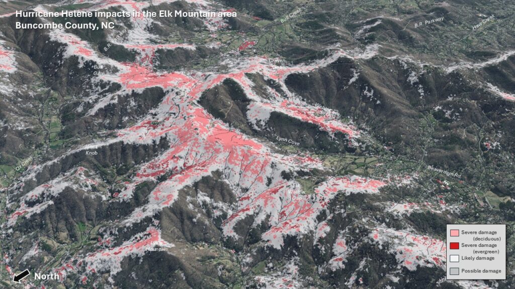 A map of storm damaged areas near Elk Mountain in Buncombe County