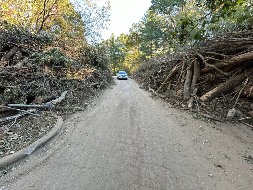 A photo of debris piles stored at the Folk Art Center along the Blue Ridge Parkway