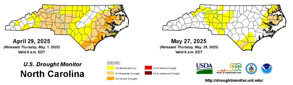 A comparison of drought maps from April 29 and May 27, 2025, in North Carolina