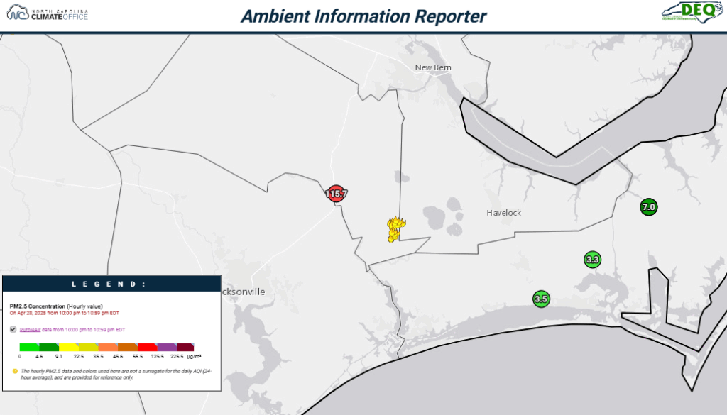 A screenshot from the AIR tool showing elevated PM2.5 concentrations from the Black Swamp fire on April 28