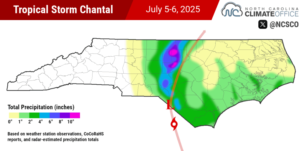 A map of precipitation totals from Tropical Storm Chantal in North Carolina