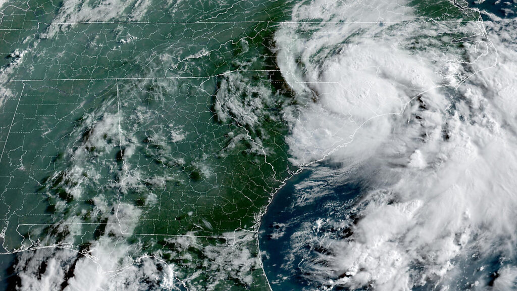 A satellite image of Tropical Depression Chantal over the Carolinas on July 6, 2025