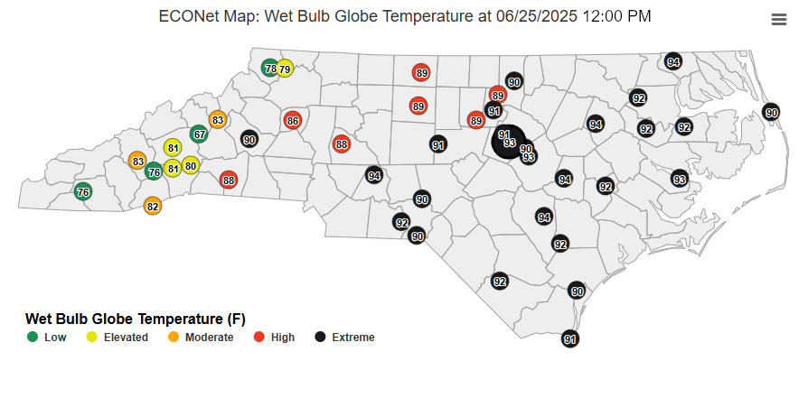 A map of WBGT values at NC ECONet stations on June 25, 2025 at noon