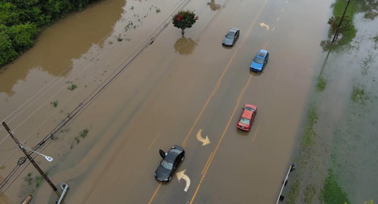 An aerial view of flooding on Evans Street in Greenville, NC, on June 16