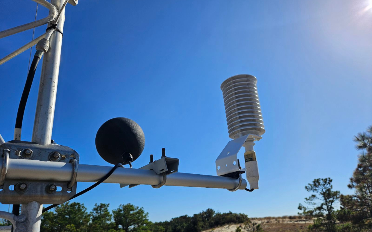 A photo of instruments including a black globe thermometer at our Jockey's Ridge State Park ECONet station