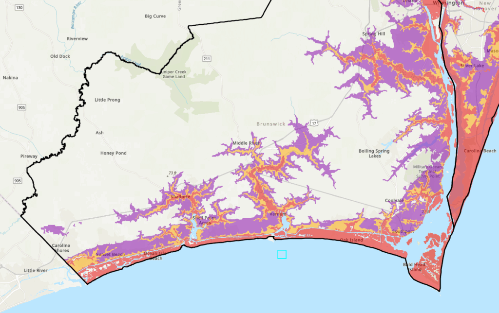 A map of evacuation zones in Brunswick County, NC