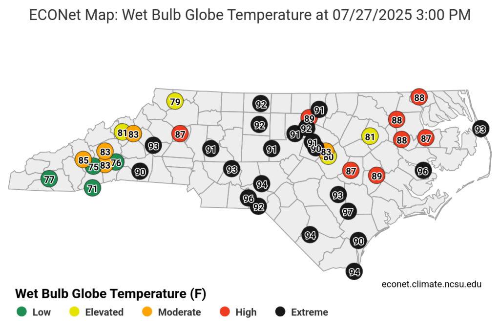 A map of Wet Bulb Globe Temperatures in North Carolina on July 27 at 3 pm