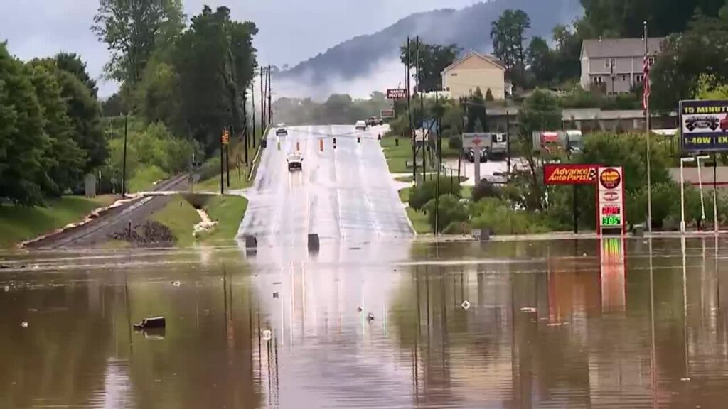A photo of roadway flooding in Buncombe County following Tropical Storm Fred in 2021