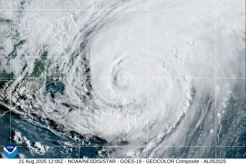 A satellite image of Hurricane Erin off the North Carolina coast on Thursday, August 21, 2025