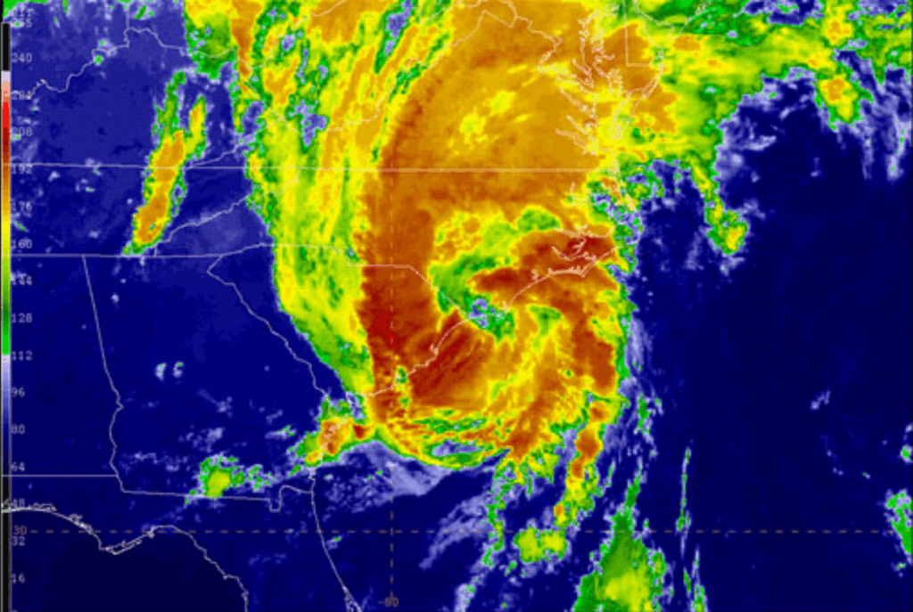 A satellite image of Hurricane Isaias as it made landfall on August 3, 2020