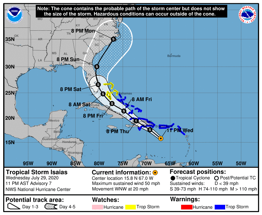 The five-day forecast track map for Isaias on Wednesday, July 29, 2020