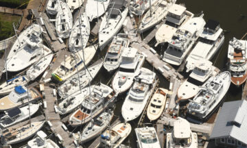 A photo of boats piled up at the marina in Southport following Hurricane Isaias