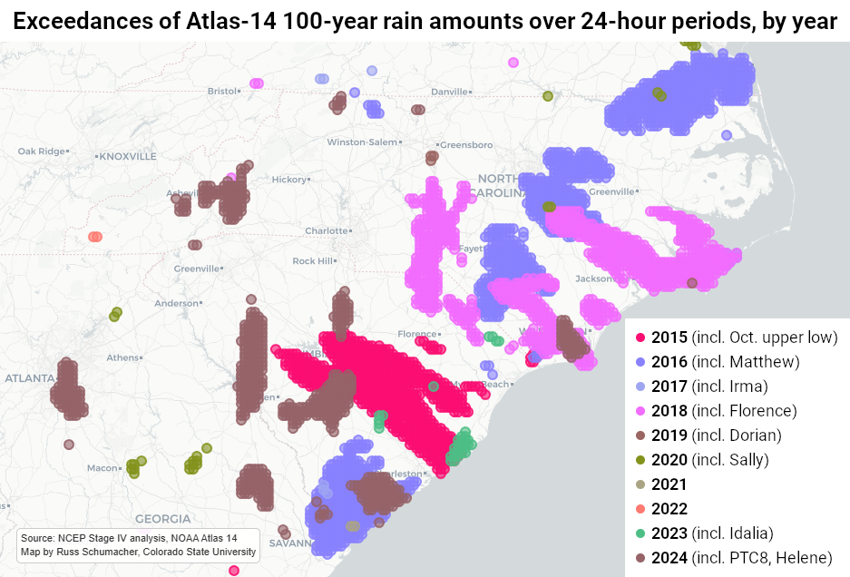 A map showing areas with events exceeding 100-year, 24-hour rainfall totals from 2015 to 2024