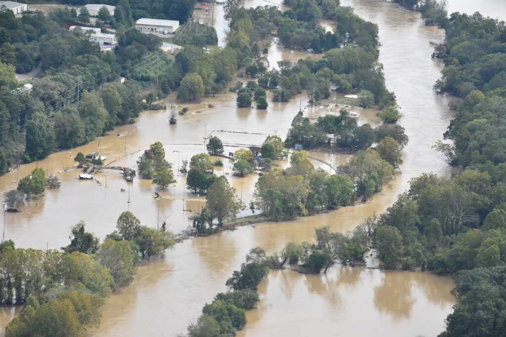 An aerial view of flooding west of Asheville after Hurricane Helene