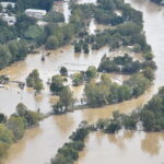 An aerial view of flooding west of Asheville after Hurricane Helene