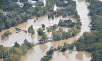 An aerial view of flooding west of Asheville after Hurricane Helene