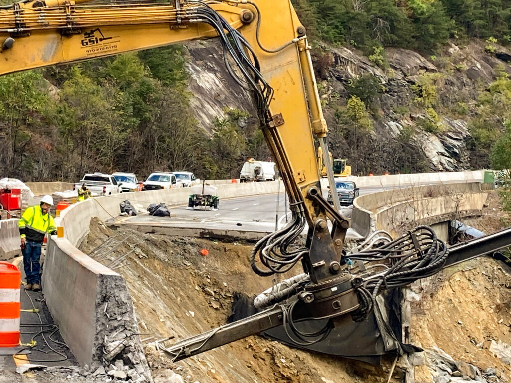 A photo of equipment working on the damaged section of Interstate 40 near the Tennessee border last October
