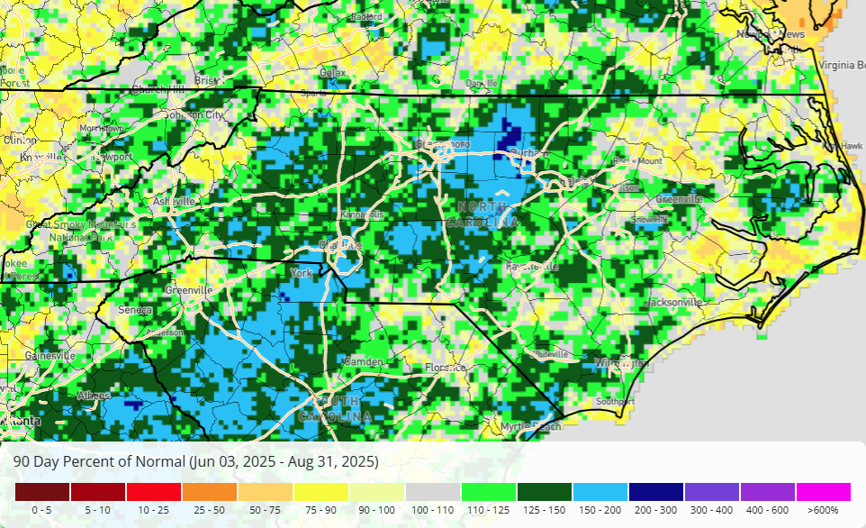 A map of the 90-day percent of normal precipitation as of August 31, 2025, for North Carolina