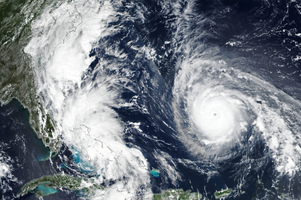 A satellite image of Tropical Storm Imelda and Hurricane Humberto in the Atlantic Ocean on September 28