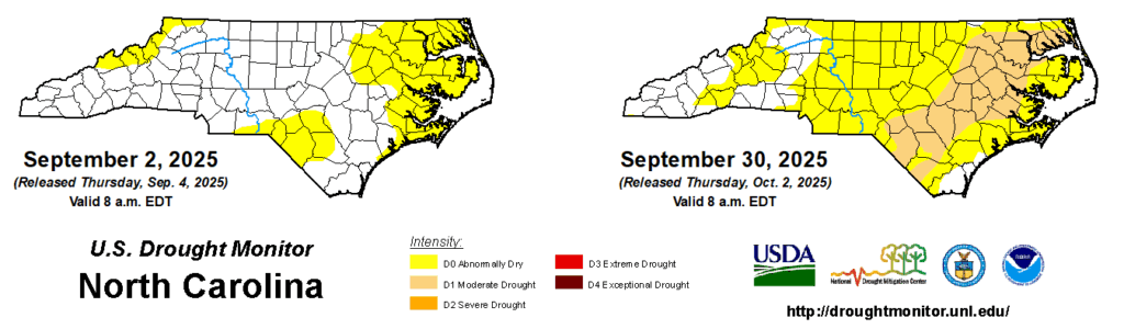 A comparison of drought maps from September 2 and September 30, 2025, in North Carolina