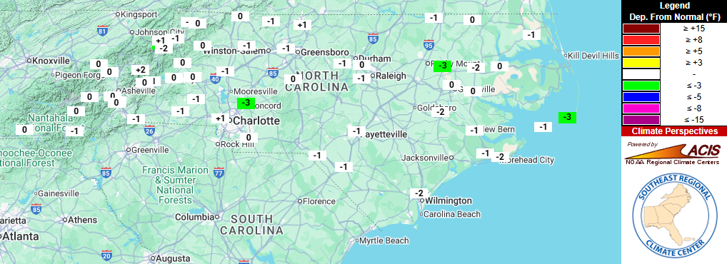 A map of mean temperature departures from normal in North Carolina for September 2025