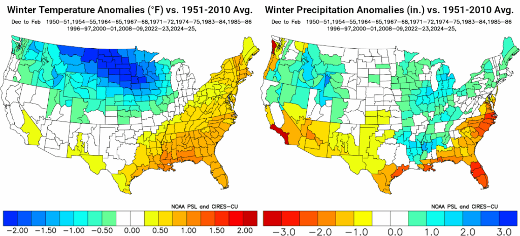 Maps of temperature and precipitation anomalies across the United States in historical weak La Niña winters