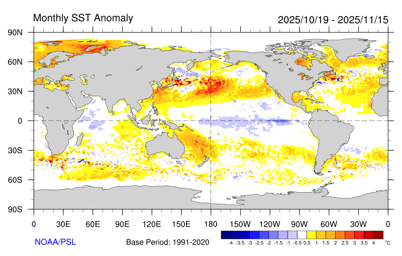A map of global sea surface temperature anomalies from October 19 through November 15, 2025