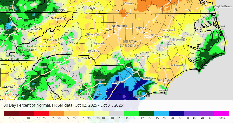 A map of percent of normal precipitation across North Carolina in October 2025