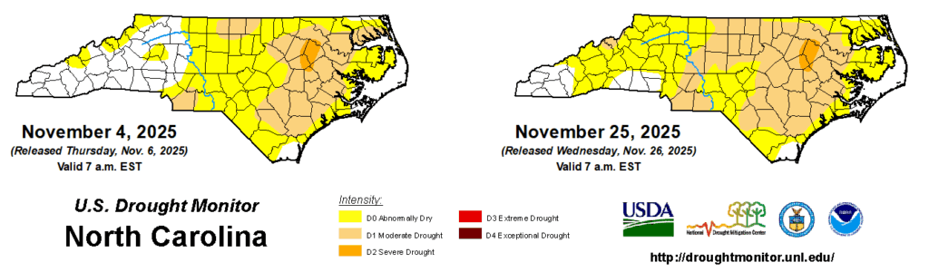 A comparison of drought maps from November 4 and November 25, 2025, in North Carolina