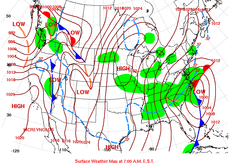 A surface weather map on December 26, 2010, showing low pressure off our coastline