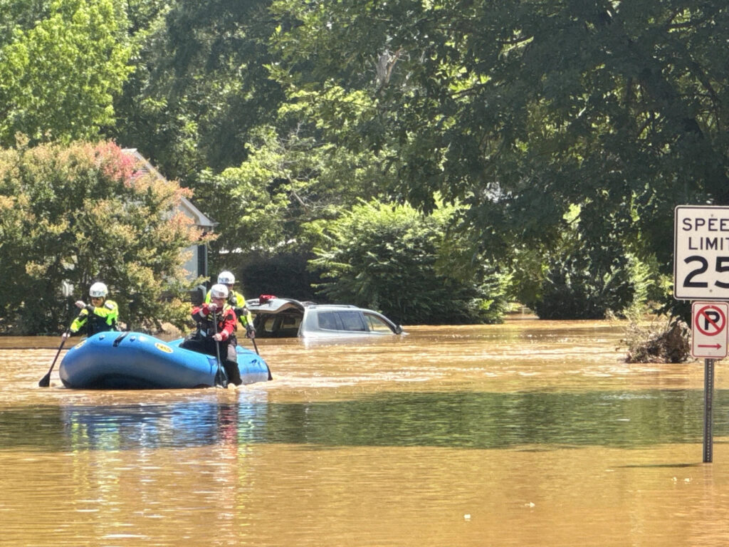 A photo of a water rescue team on Rippling Stream Road in Durham after Tropical Storm Chantal in 2025