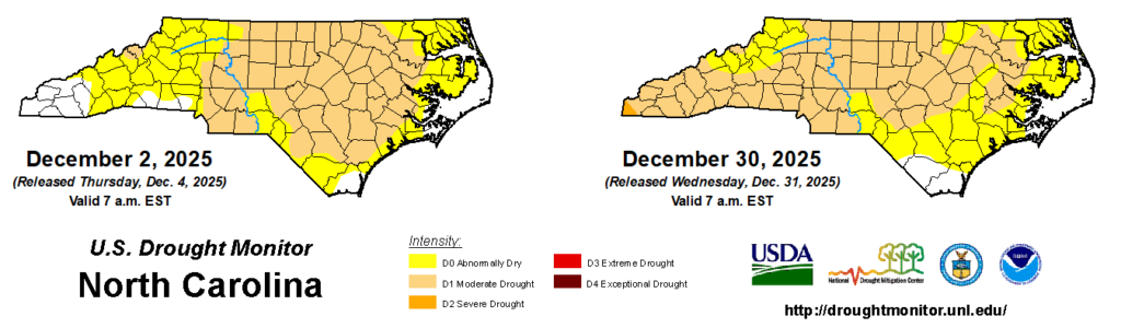A comparison of drought maps from December 2 and December 30, 2025, in North Carolina