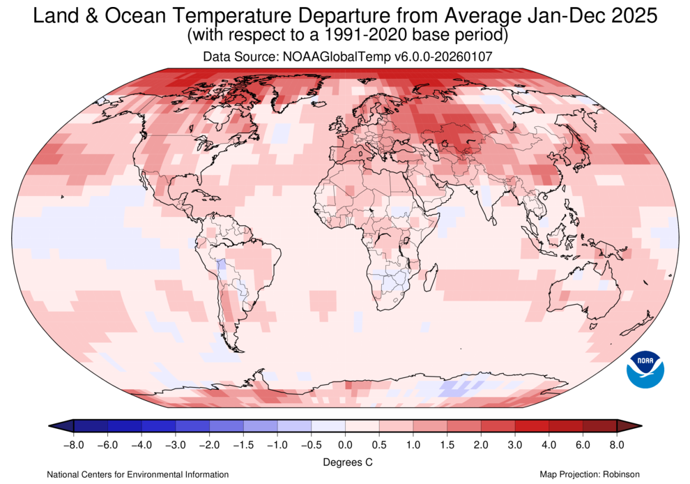 A map of global land and ocean temperature departures from average for 2025